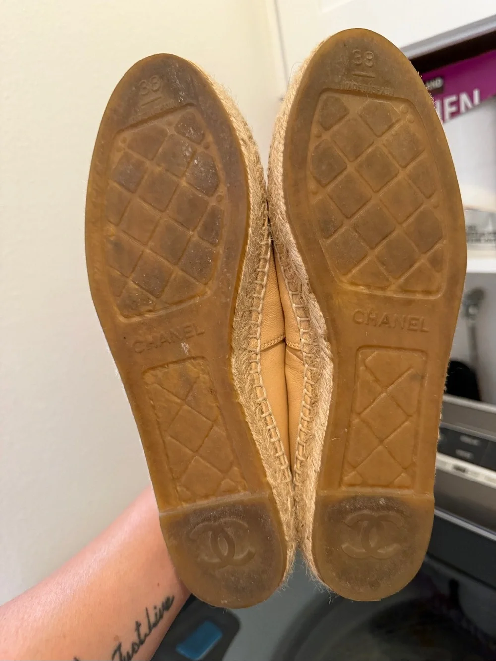 Authentic  CHANEL Beige and Black Leather Espadrille Slip-Ons